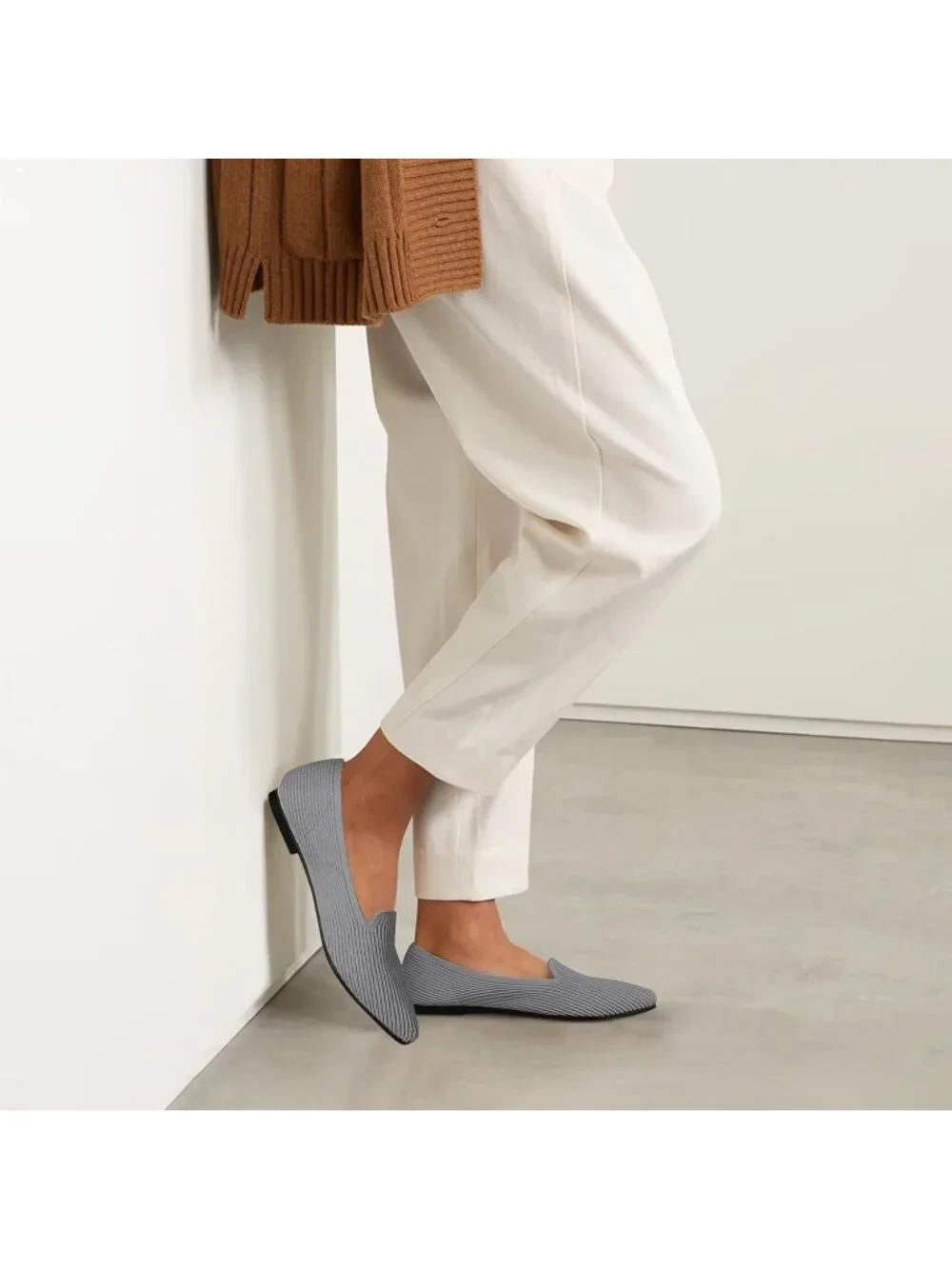Women's Grey Pointed Toe Knit Ballet Flats Washable Important Work Shoes